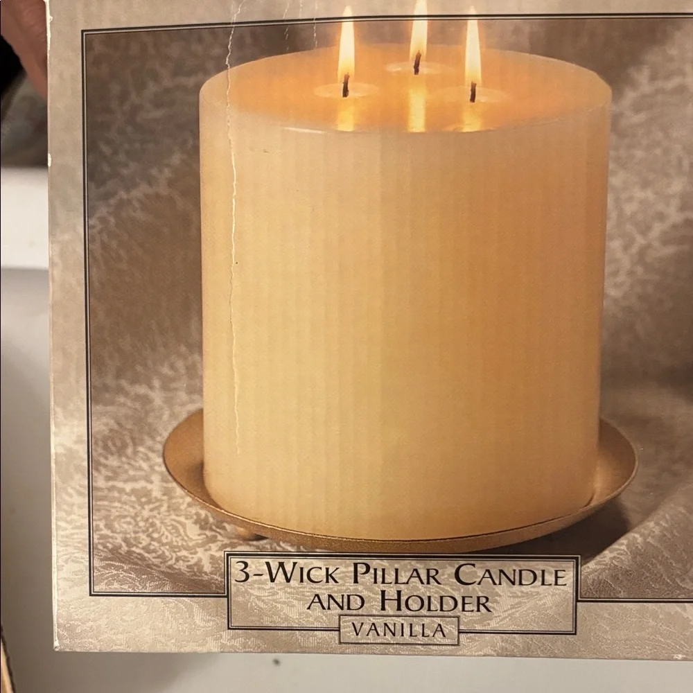 Vanilla 3-Wick Pillar Candle with Holder NIB